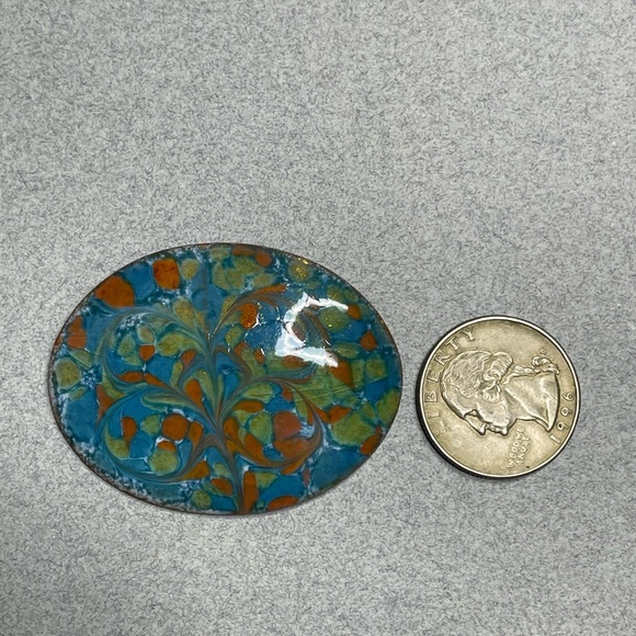 Copper Enamel Vintage Brooch Inga Carlson Blue Green Gold Swirl - Picture 5 of 7